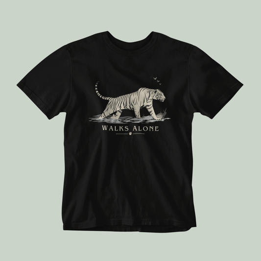 Black unisex tiger T-shirt with minimalist vintage wildlife artwork and “Walks Alone” design