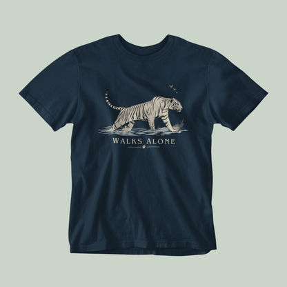 Navy blue unisex tiger T-shirt with minimalist vintage wildlife artwork and “Walks Alone” design