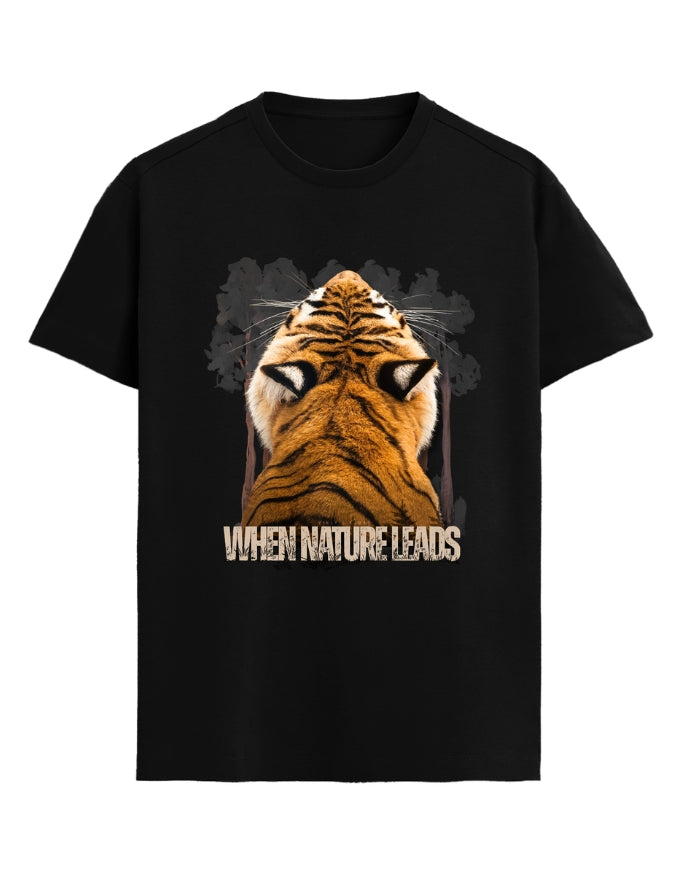 Black t-shirt with a tiger graphic and 'When Nature Leads' text on a white background