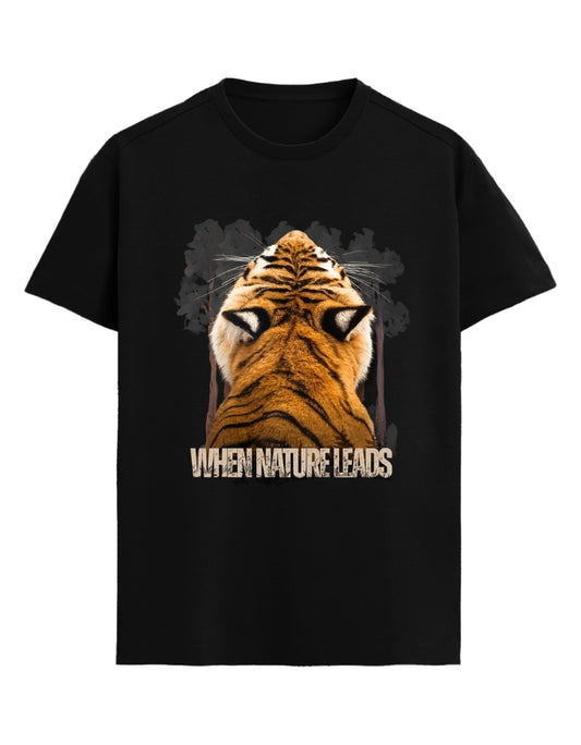 Black t-shirt with a tiger graphic and 'When Nature Leads' text on a white background