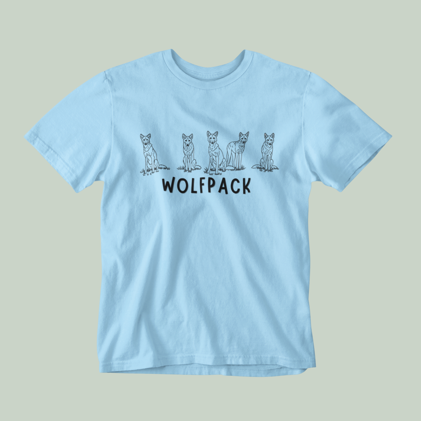Light blue t-shirt with 'Wolfpack' design on a gray background