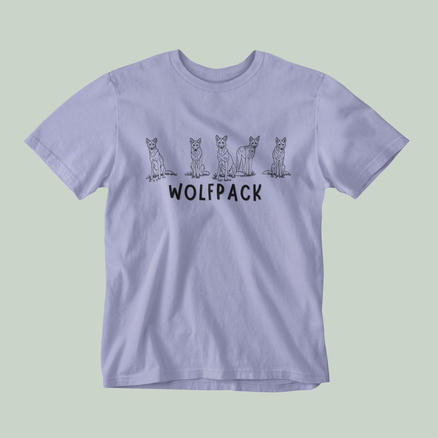 lavender t-shirt with 'Wolfpack' design on a light gray background