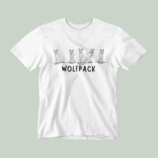 White t-shirt with 'WOLFPACK' and wolf graphics on a light gray background