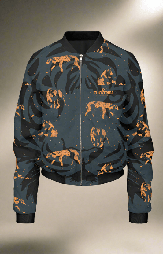 TuckTribeWomen's Dark Blue Bomber Jacket with Trendy Tiger DesignsWomen’s Bomber Jacket