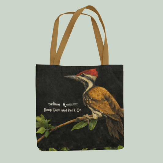 Tucktribe Tote bag with a woodpecker design and text on a light green background