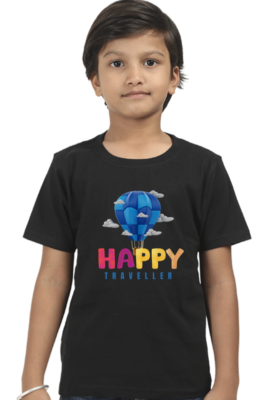 A boy models the TuckTribe HAPPY TRAVELER BOYS T-SHIRT featuring a vibrant blue hot air balloon and clouds with Happy Traveler text, perfect for inspiring adventure against a white backdrop.